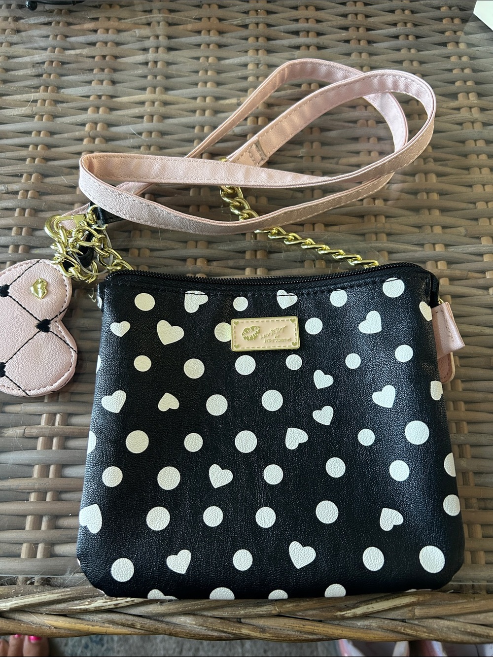 Betsey Johnson Black Polka Dot & Heart Crossbody with Pink Strap